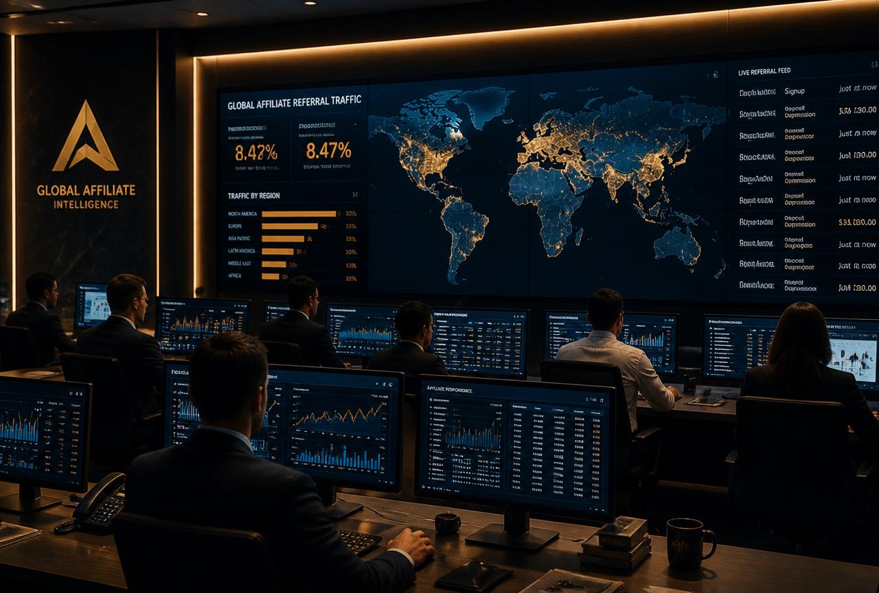 Global affiliate campaign intelligence room with referral traffic map