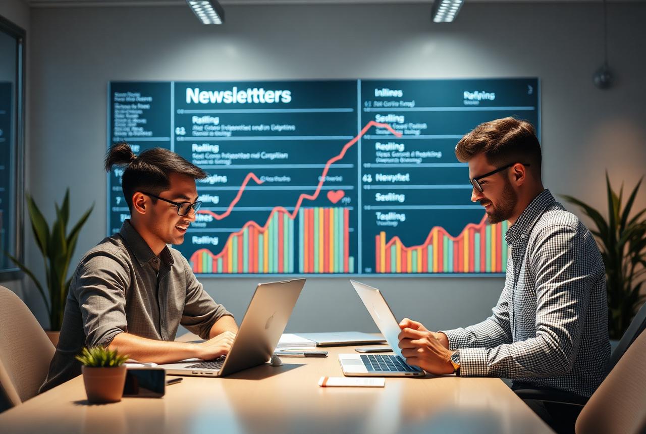 Content team reviewing keyword rankings and newsletter performance