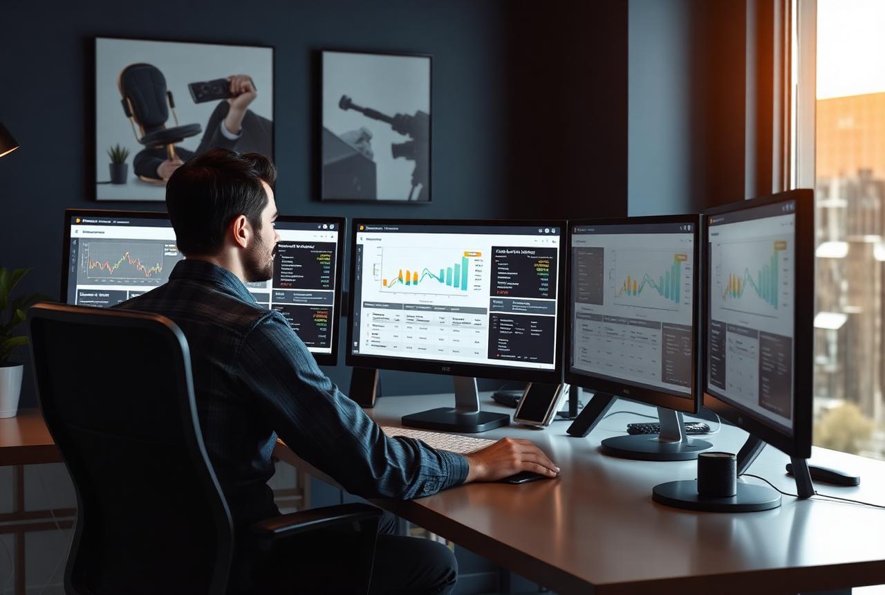 Media buyer managing paid affiliate campaigns across multiple screens